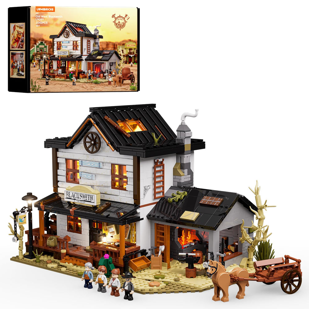 Lumibricks Wild West forge light provides warm, flickering ambiance for diorama scenes.