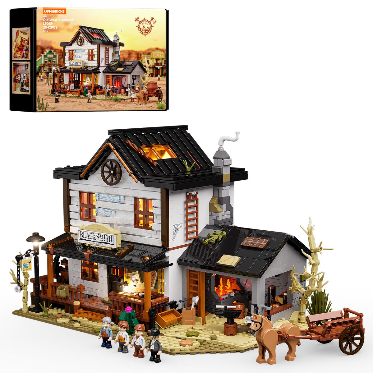 Lumibricks Wild West forge light provides warm, flickering ambiance for diorama scenes.