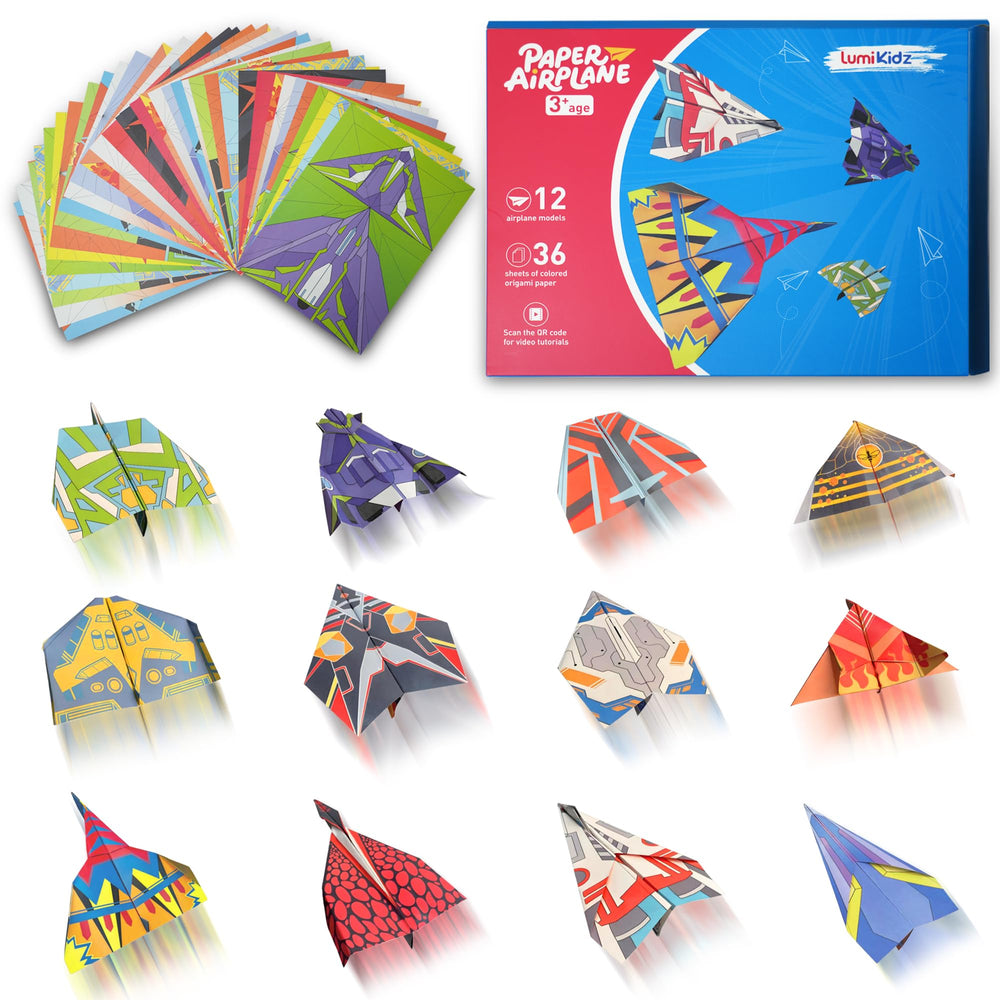 Lumikidz Paper Airplane Kit showing 12 designs for flight fun.