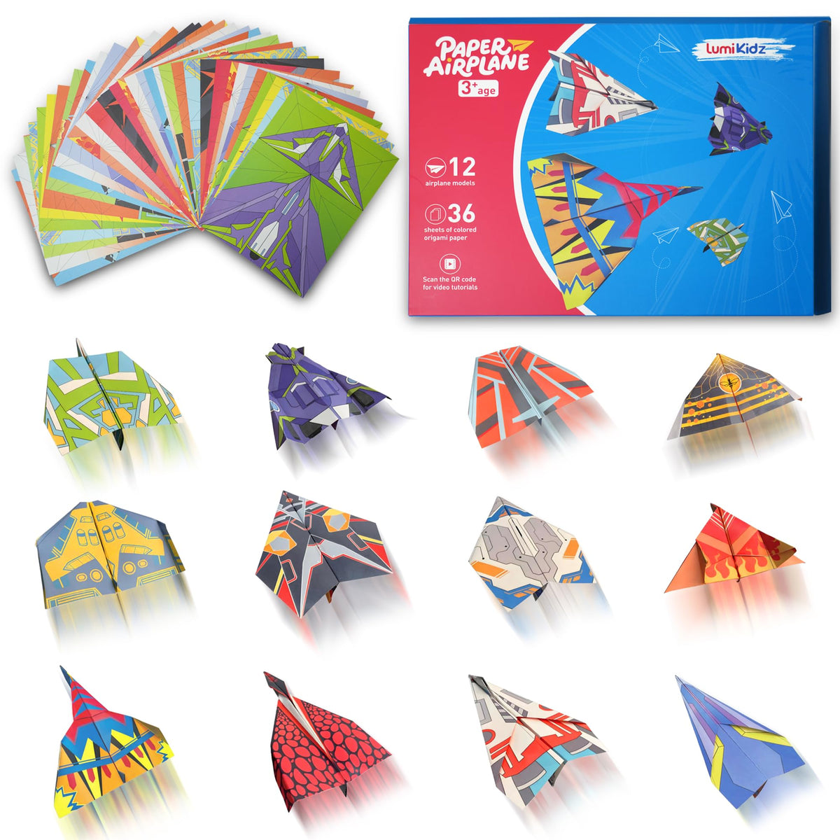 Lumikidz Paper Airplane Kit showing 12 designs for flight fun.