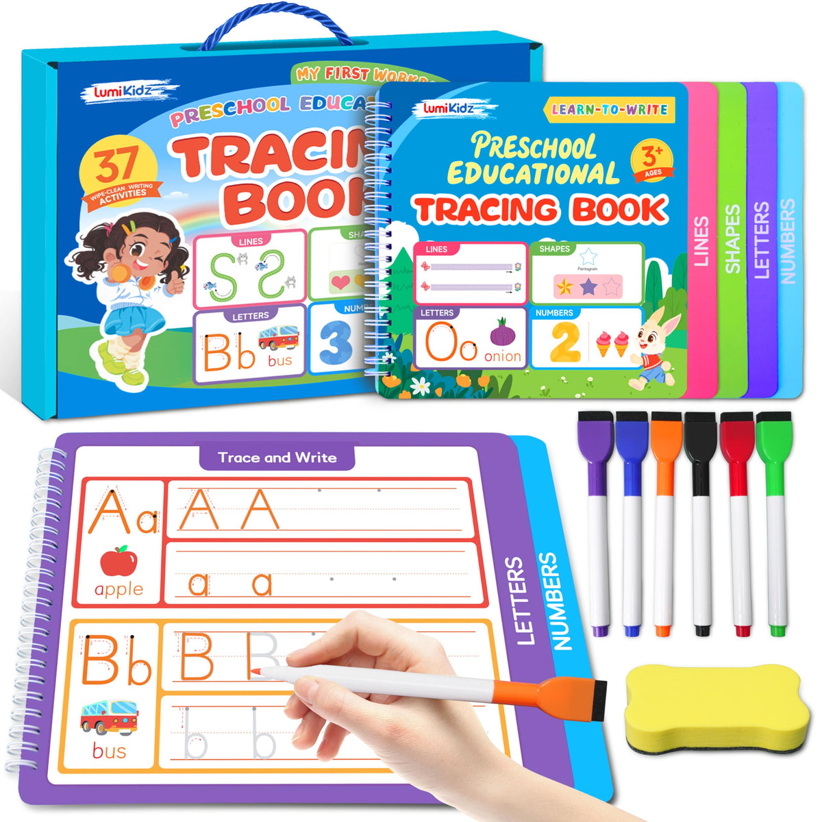 Lumikidz tracing workbook page for letters and numbers boosts early writing