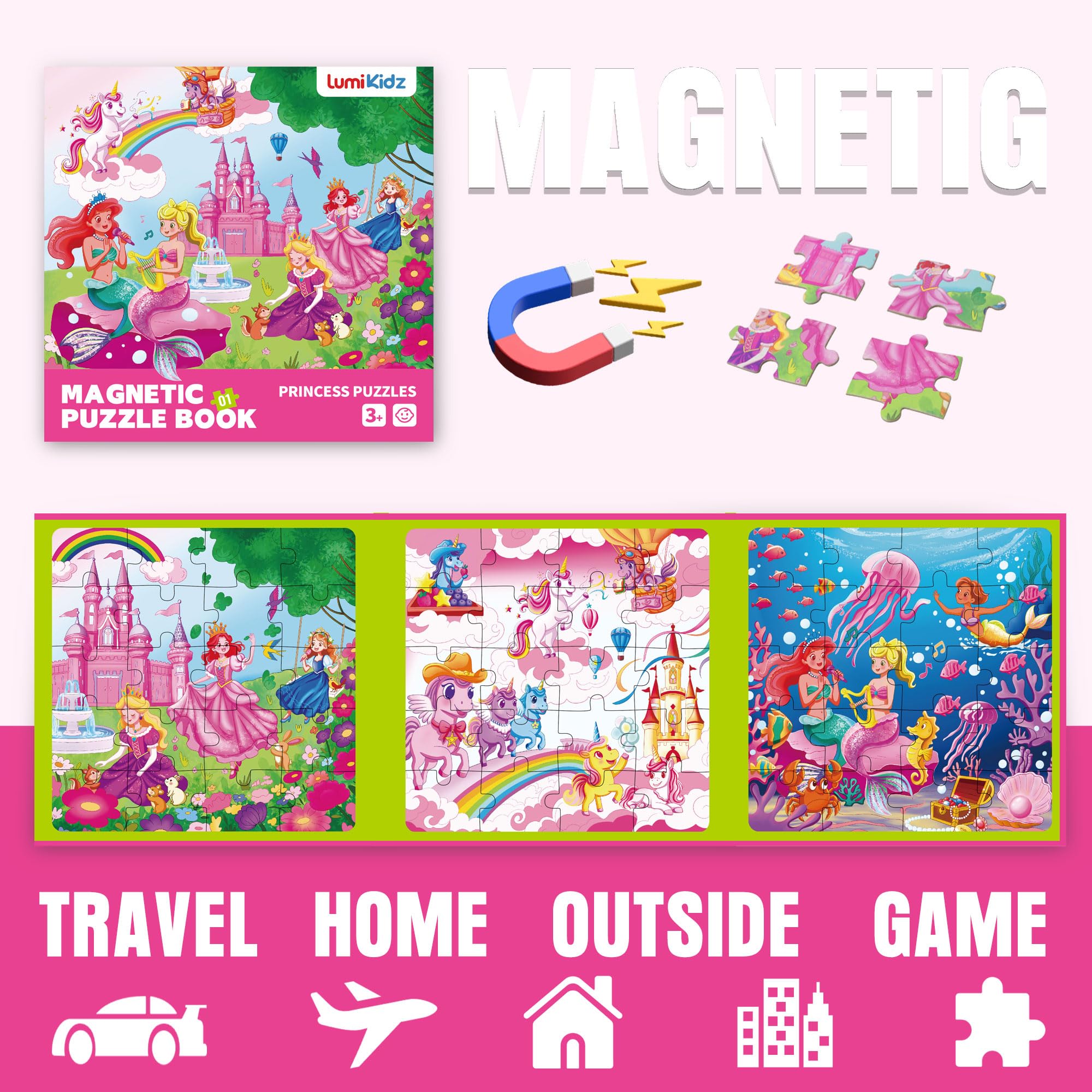 Lumikidz travel-friendly book-style case keeps pieces organized on trips.