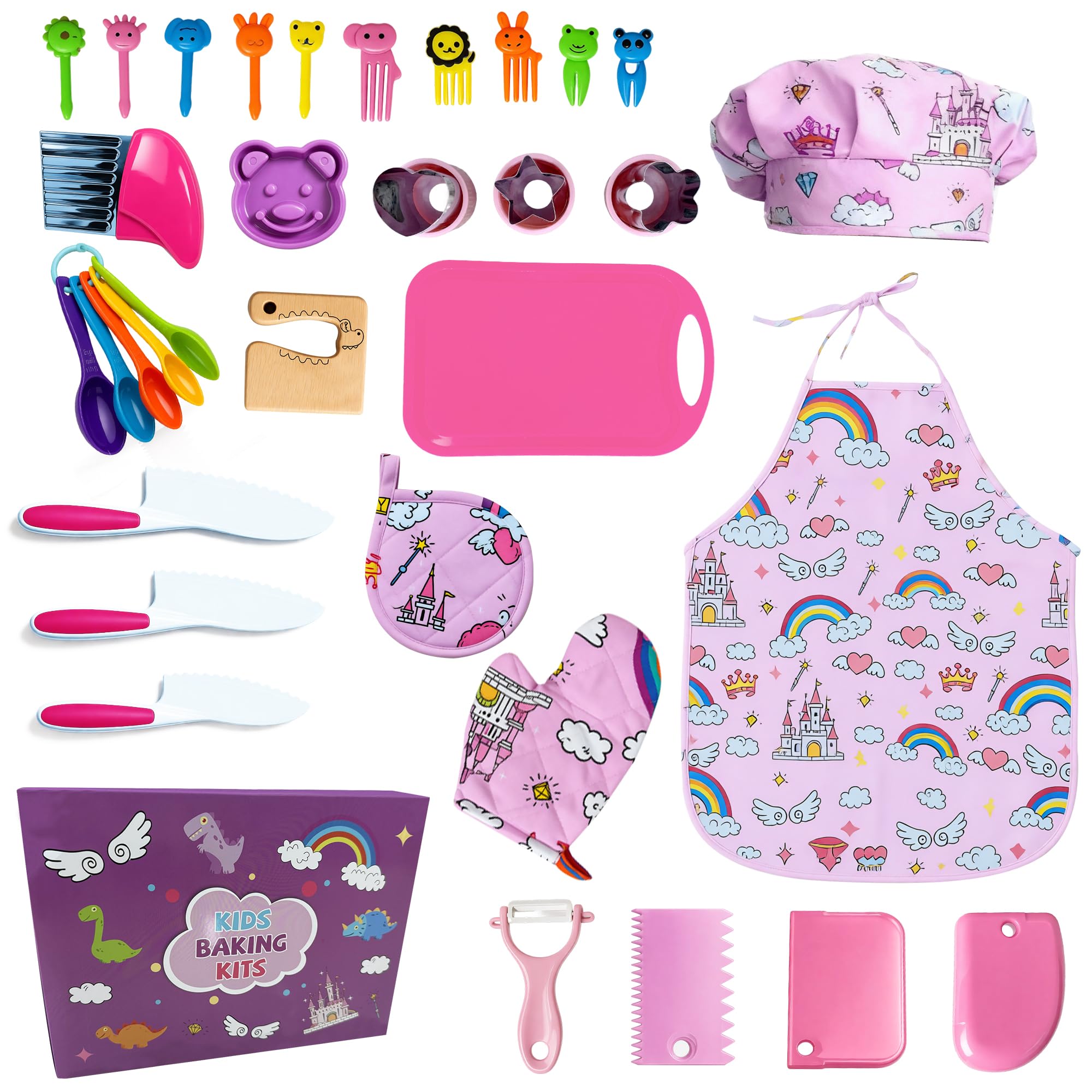 Lumiparty kids cooking set with pink rainbow apron for imaginative play and fine motor skills