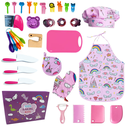 Lumiparty kids cooking set with pink rainbow apron for imaginative play and fine motor skills