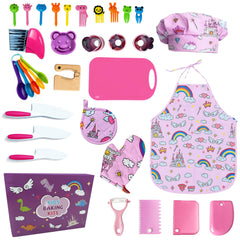 Lumiparty kids cooking set with pink rainbow apron for imaginative play and fine motor skills