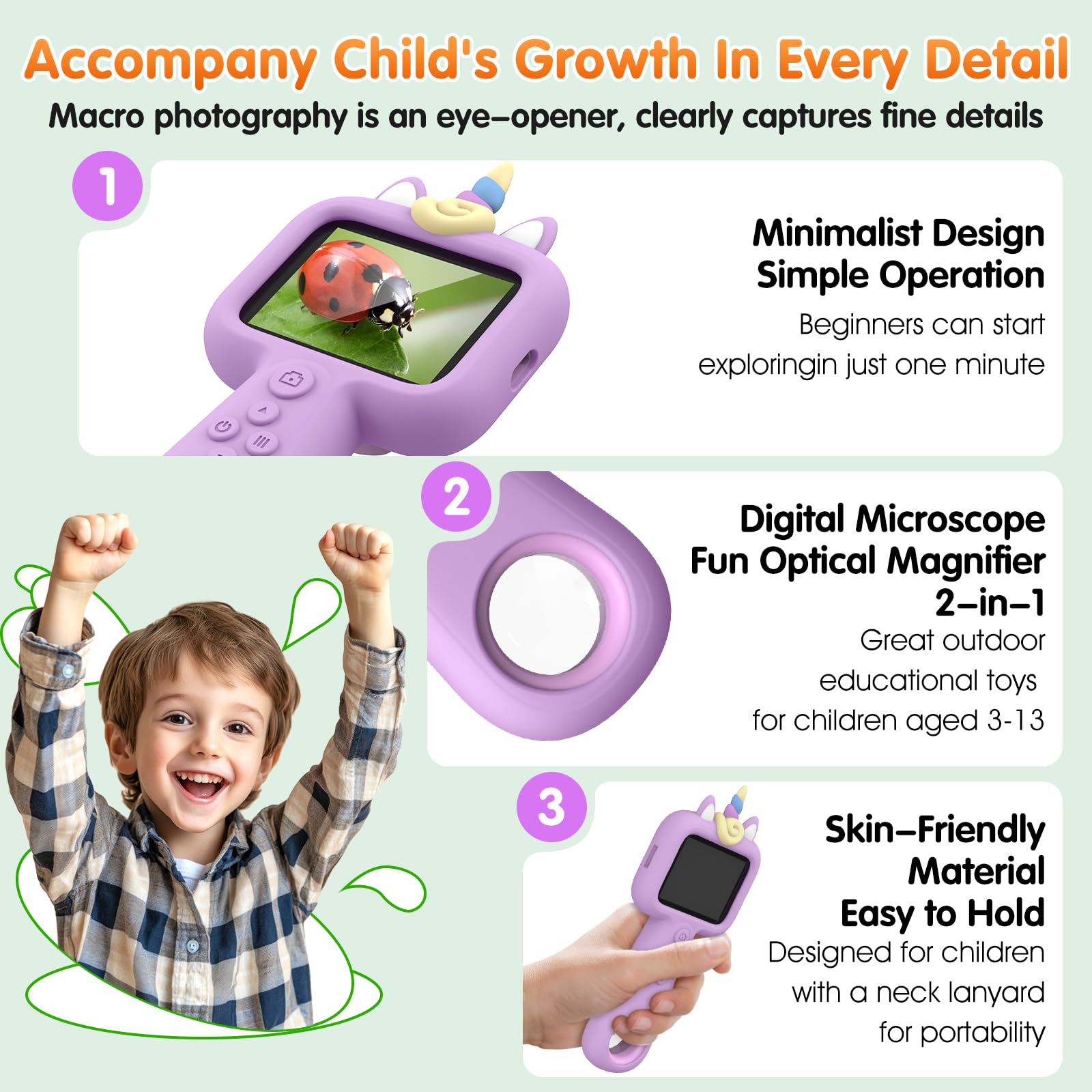 Lumiscp portable pocket microscope with unicorn cover for outdoor learning