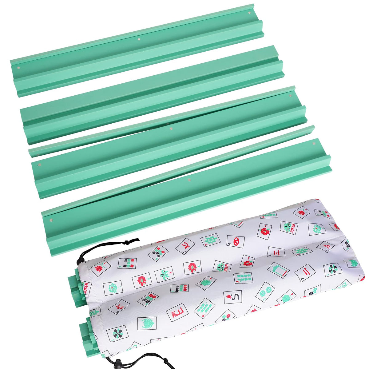 Lumivia mahjong racks with pushers in light green wood for tidy tile storage.