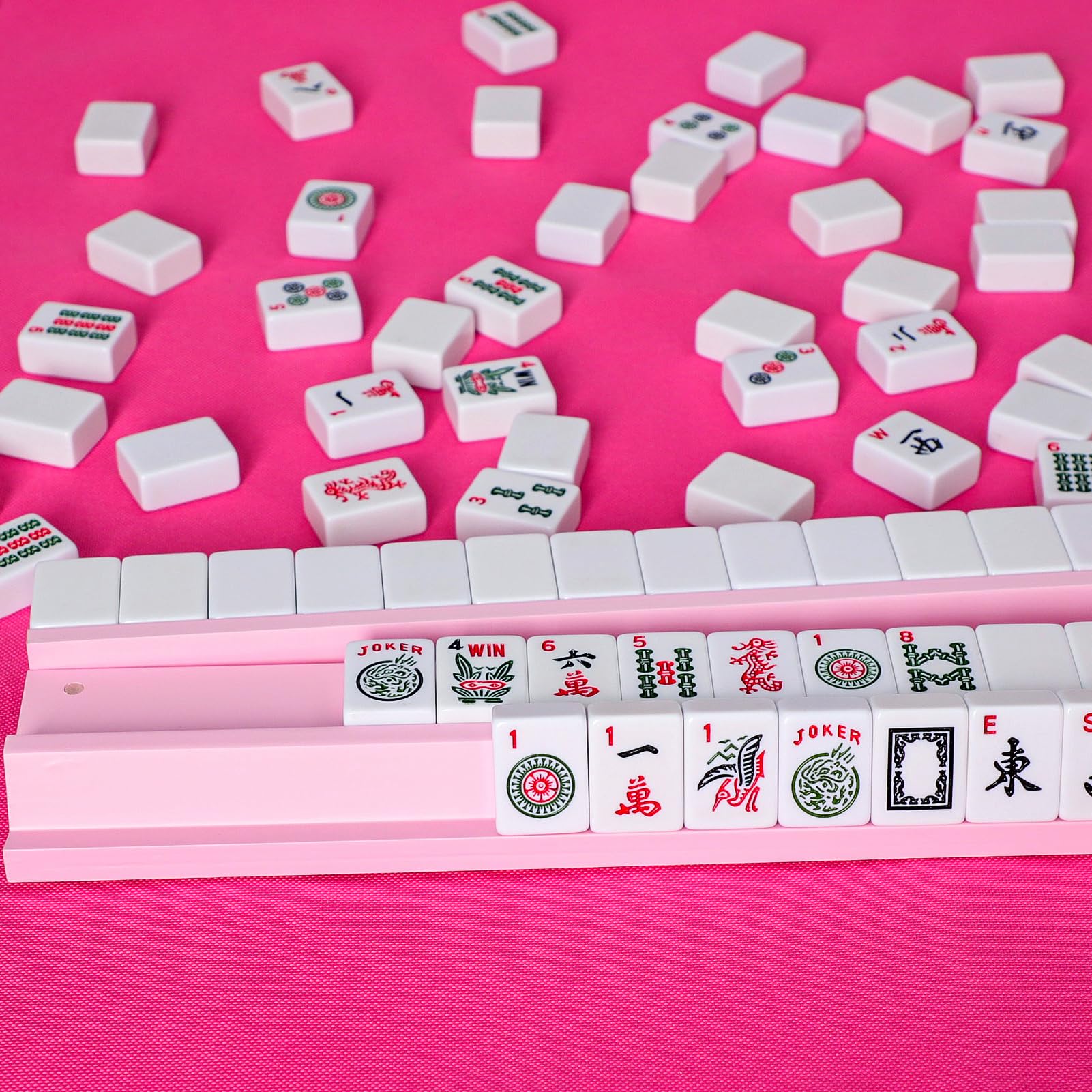Lumivia wooden mahjong racks highlighting durable construction.