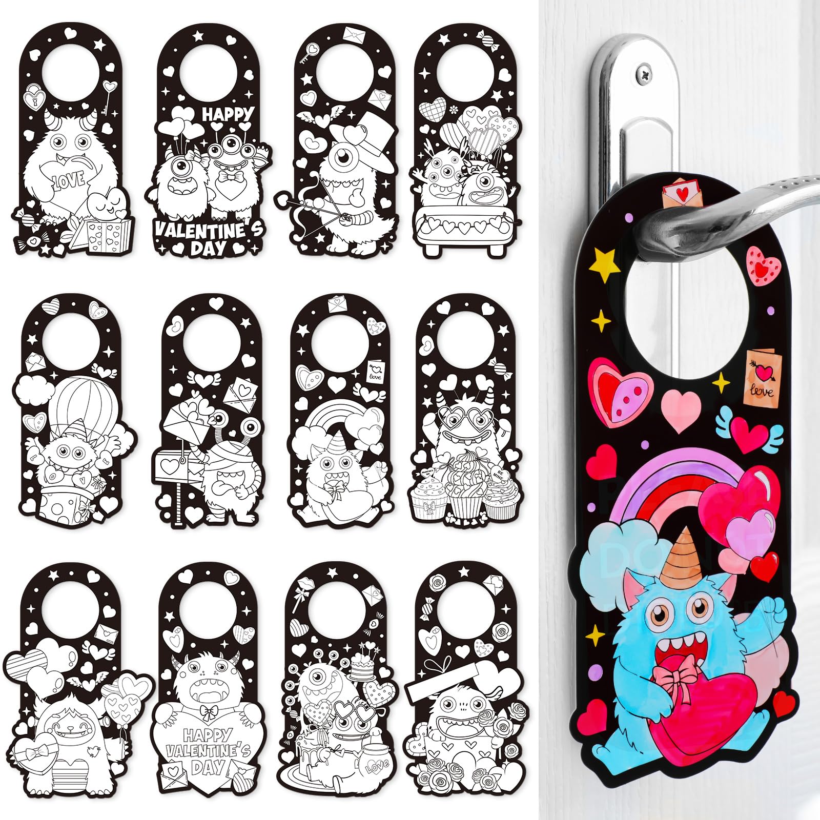 Lunmon Valentine monster door knob hanger colorable art for classroom decor and gifts