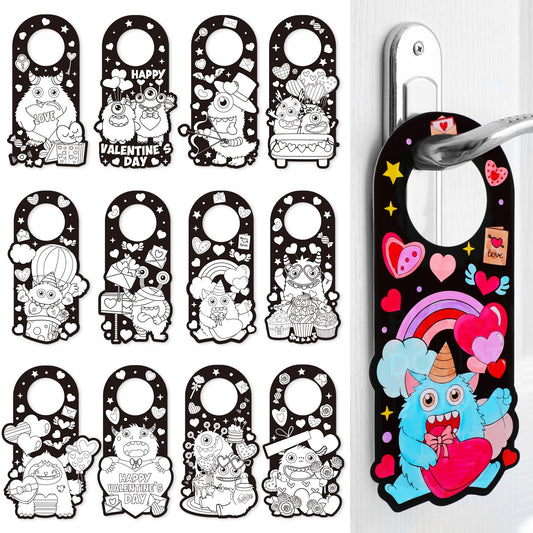 Lunmon Valentine monster door knob hanger colorable art for classroom decor and gifts