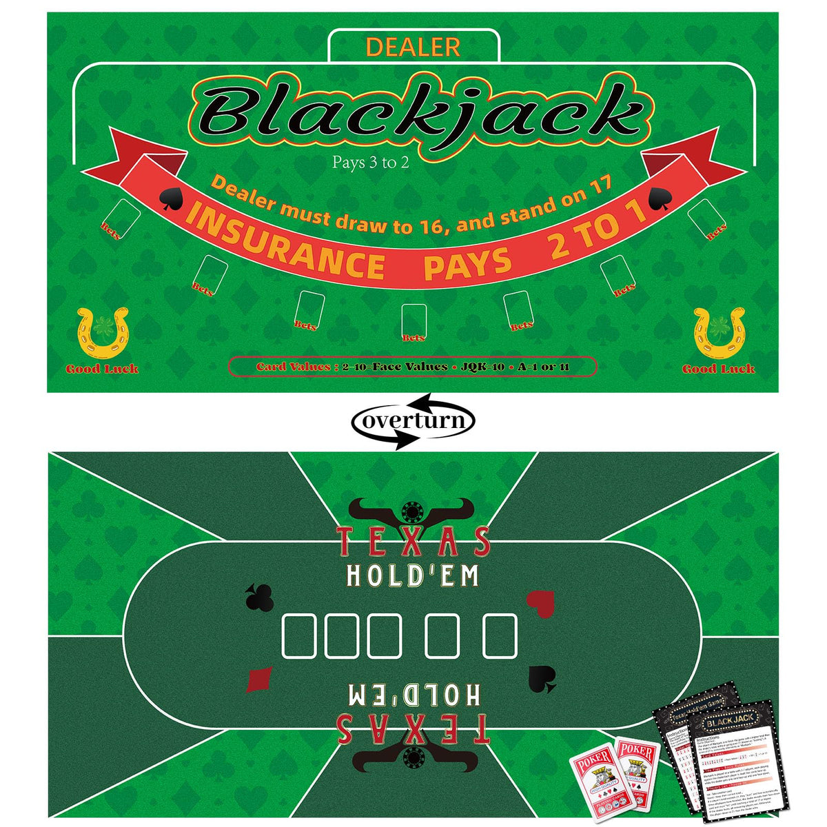Lunorvexia double-sided poker mat surface for Texas Hold’em and Blackjack at home.