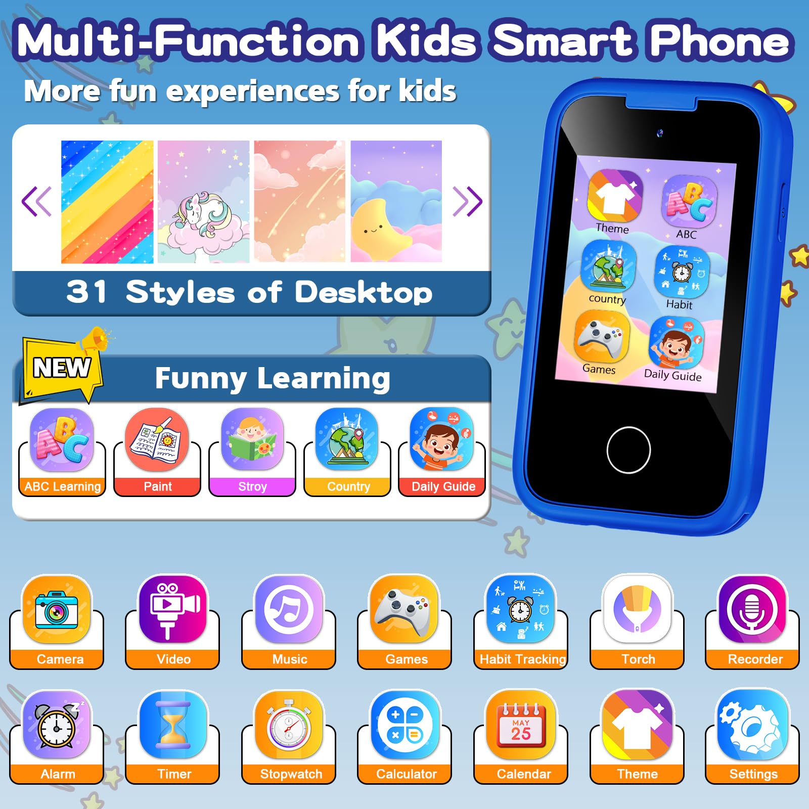 Luoba Kids Phone blue side view with pocket-friendly size for travel.