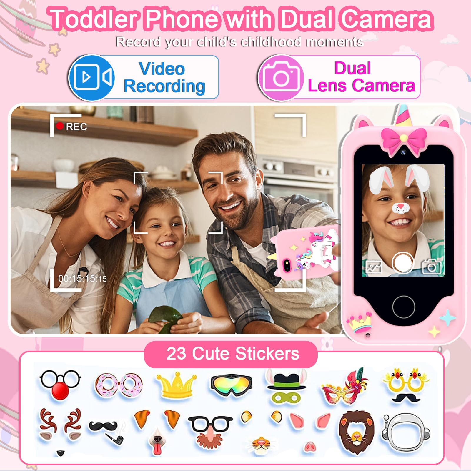 Luoba Kids Phone dual-camera setup enables quick selfies with family.