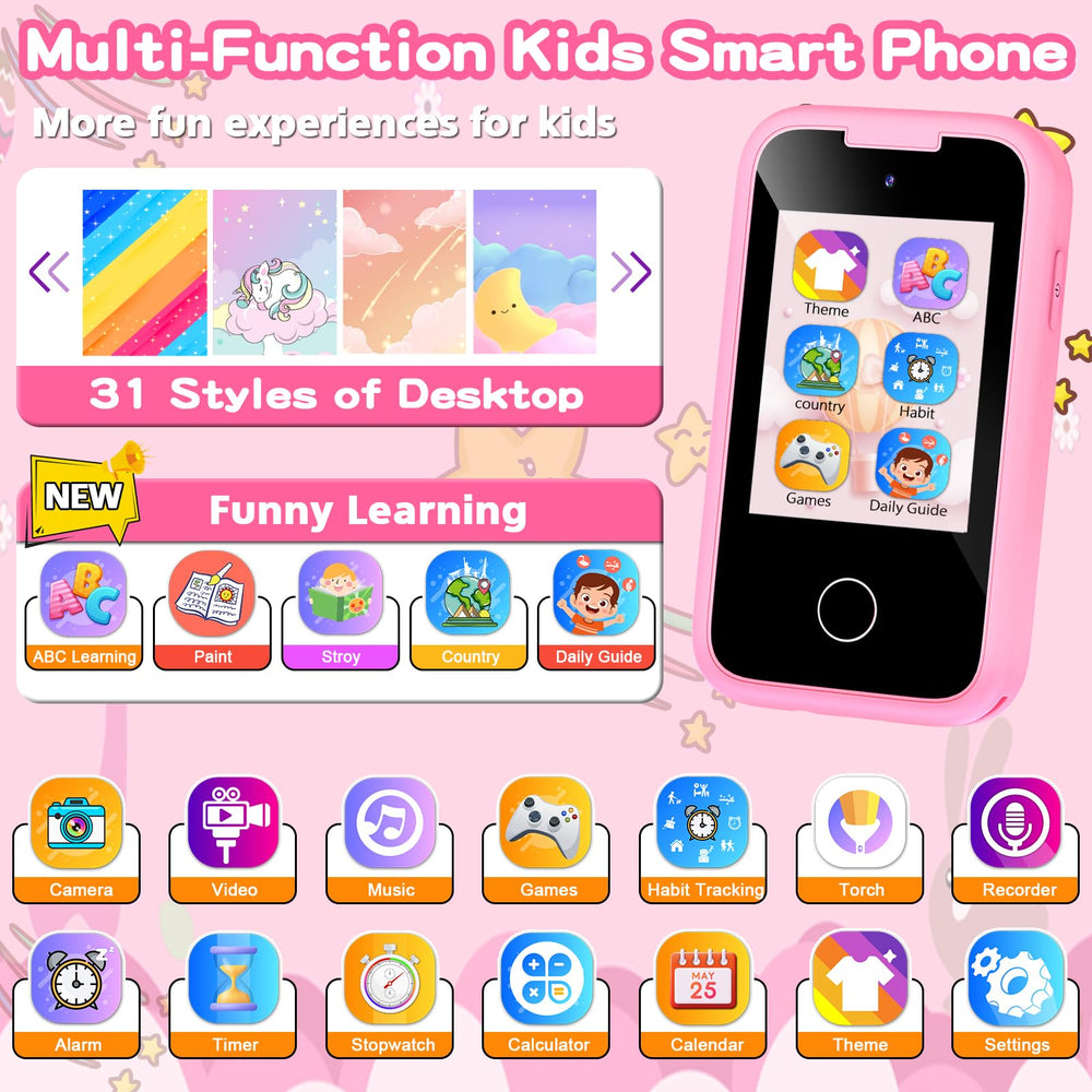 Luoba Kids Phone screen menu highlights puzzles, music, and ABC learning.