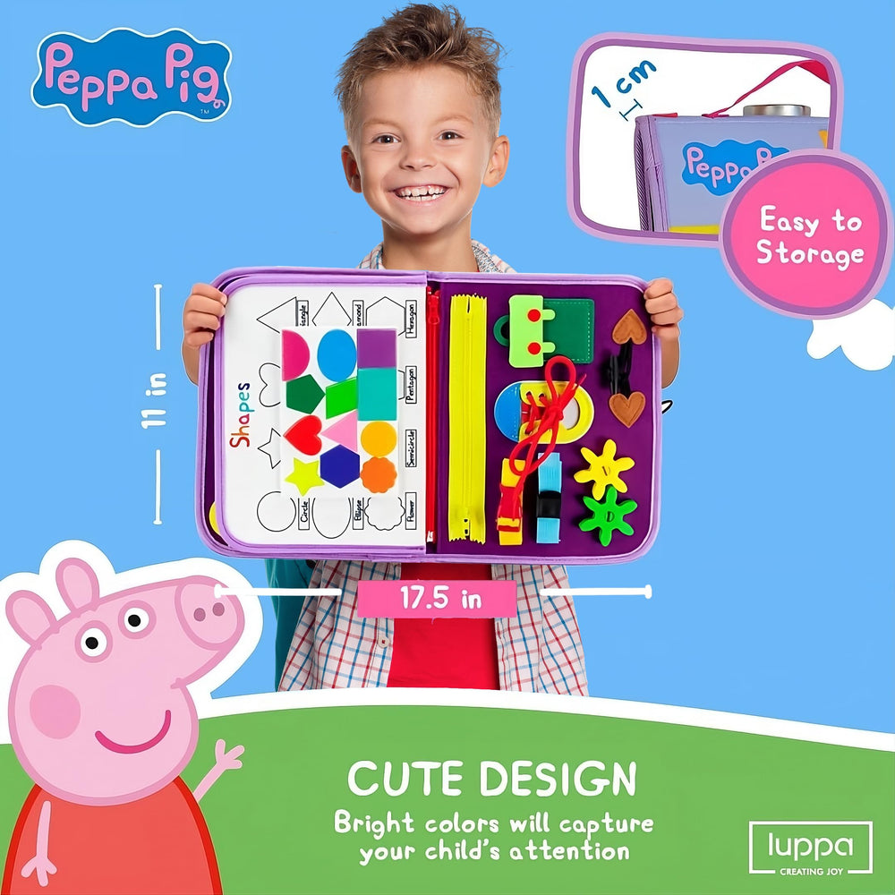 LUPPA Peppa Pig Busy Board button focus for hand-eye coordination and sequencing.