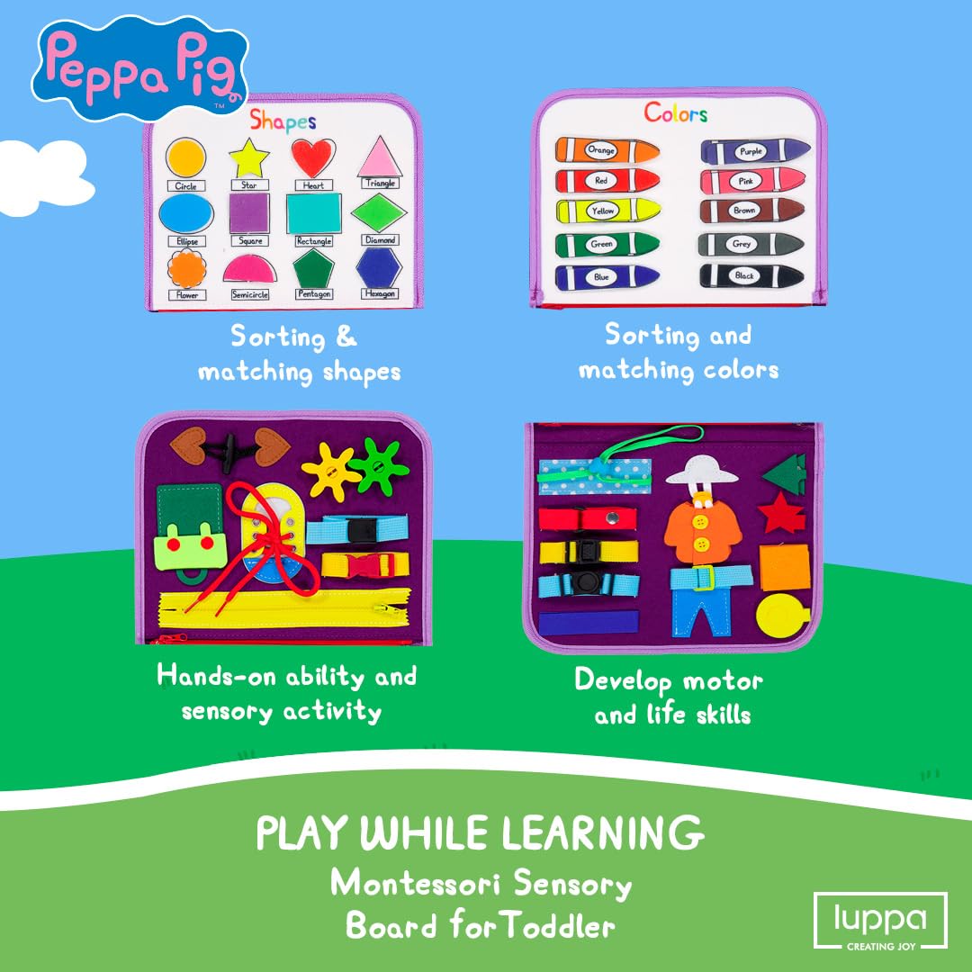 LUPPA Peppa Pig Busy Board pocket feature helps organize items during travel.