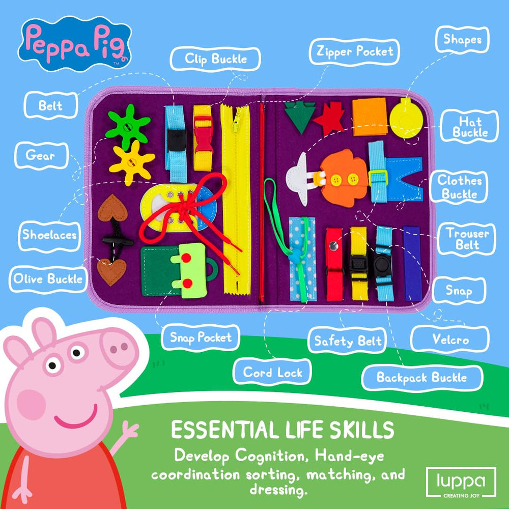 LUPPA Peppa Pig Busy Board travel-setup for cars, planes, and trains.