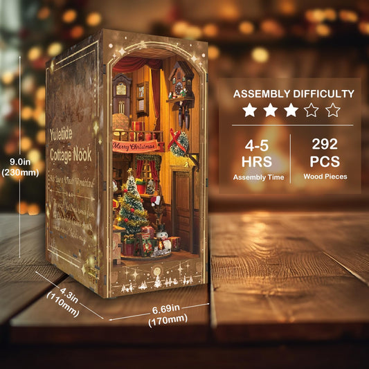 Luuwik Christmas Cottage 3D puzzle Tree highlights festive shelf decor.