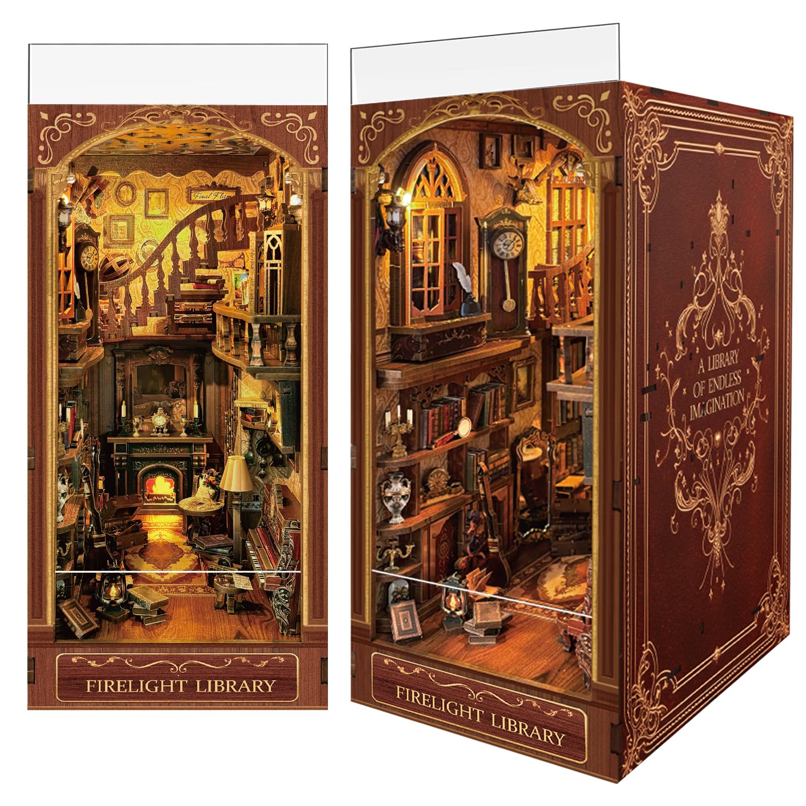 Luuwik Firelight Library Nook glow enhances cozy shelf ambiance