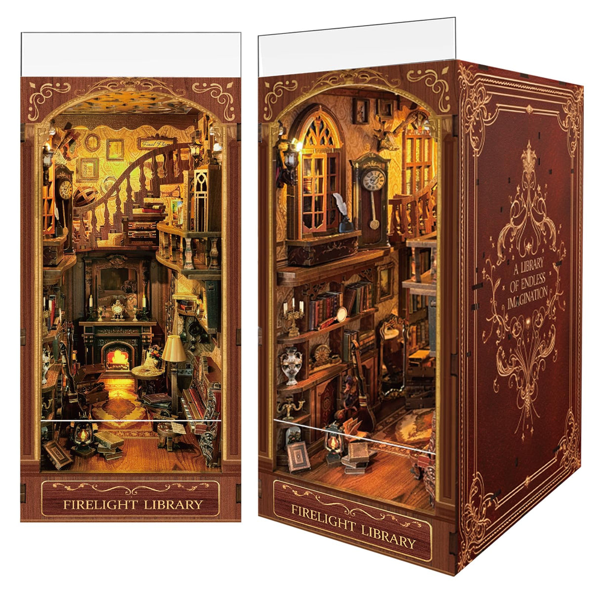Luuwik Firelight Library Nook glow enhances cozy shelf ambiance