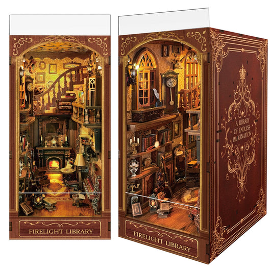 Luuwik Firelight Library Nook glow enhances cozy shelf ambiance