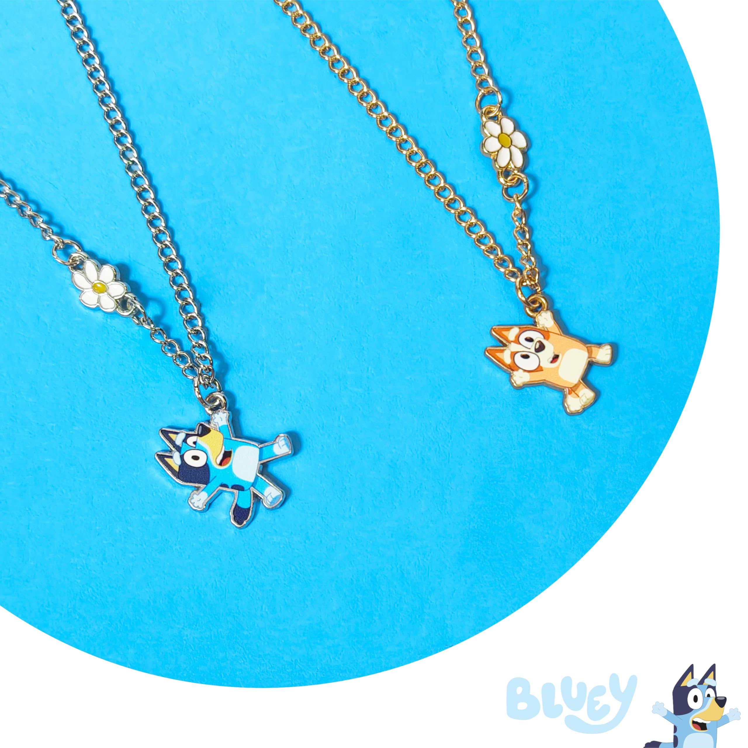LUV HER Bluey BFF necklaces close-up, vivid charms and safe non toxic materials