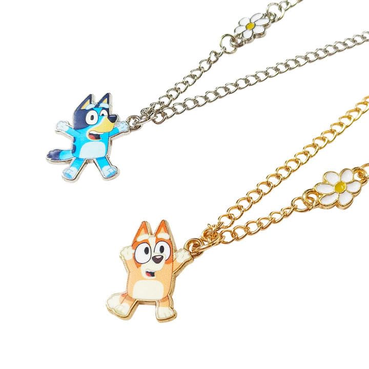 LUV HER Bluey BFF necklaces with charms, front view, ideal for matching best friend gifts