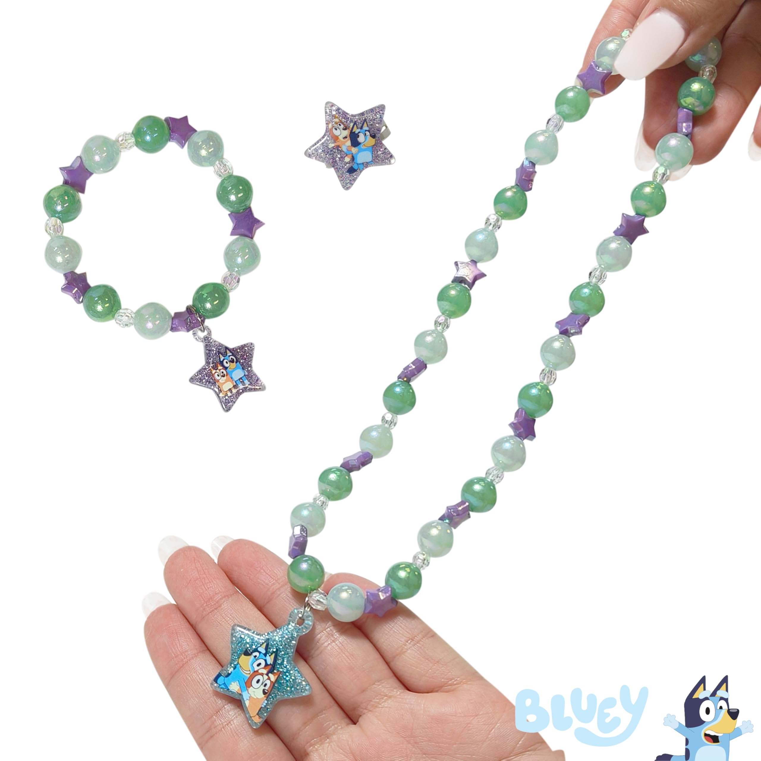 LUV HER Bluey bead necklace close-up, bright colors and smooth beads.