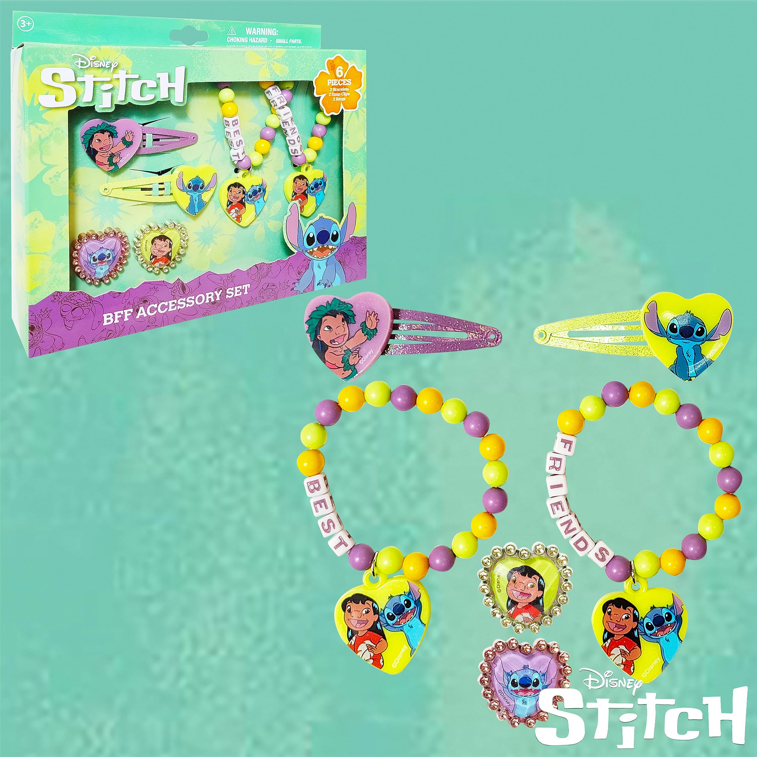 LUV HER Disney Stitch BFF rings close-up with colorful details.