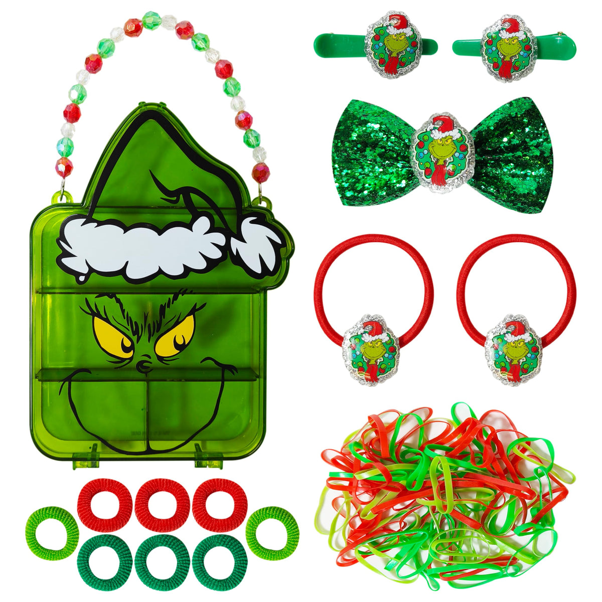 LUV HER Grinch hair accessory case with beaded handle for stylish storage on the go