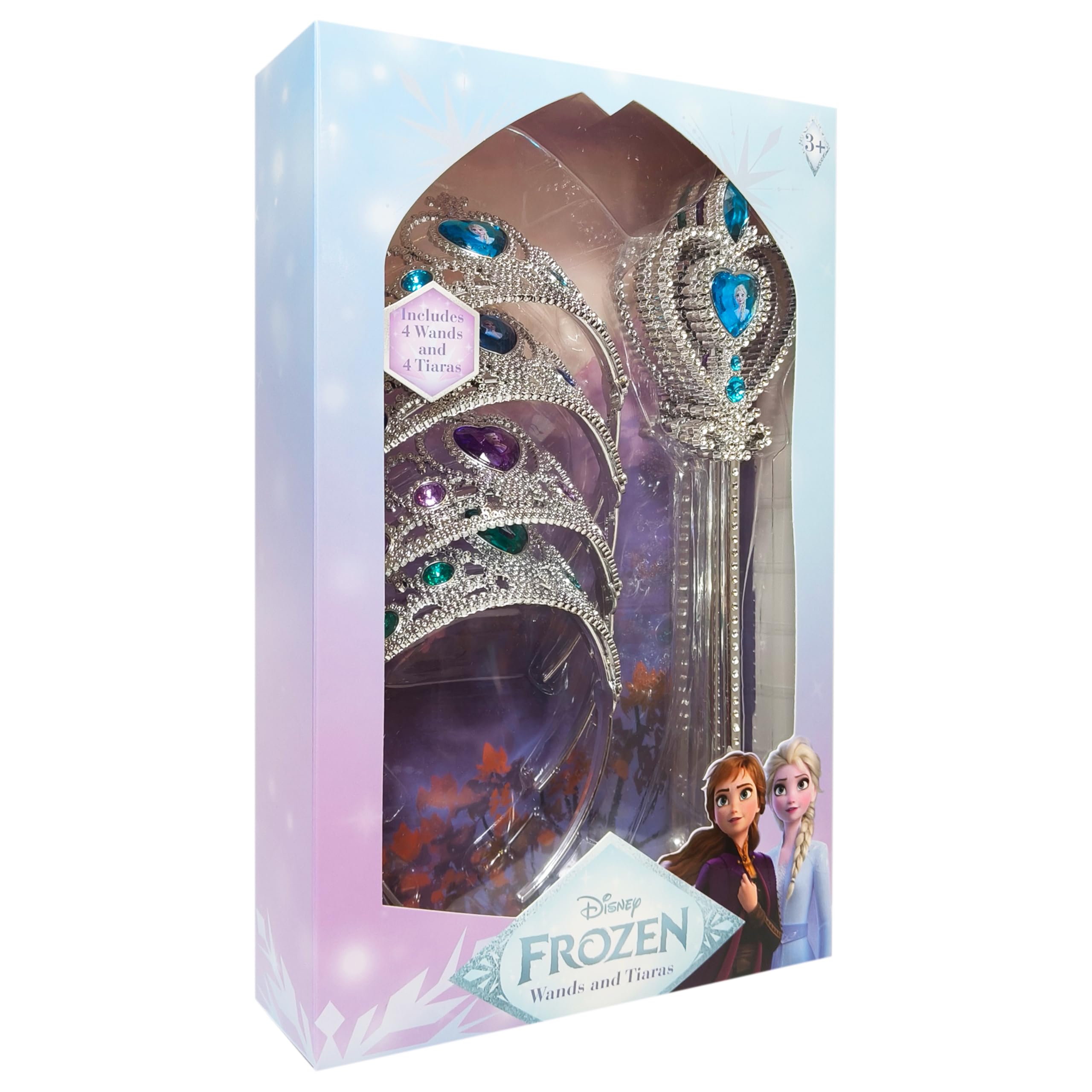 LUV HER princess dress-up scene with four crowns and four wands in silver.