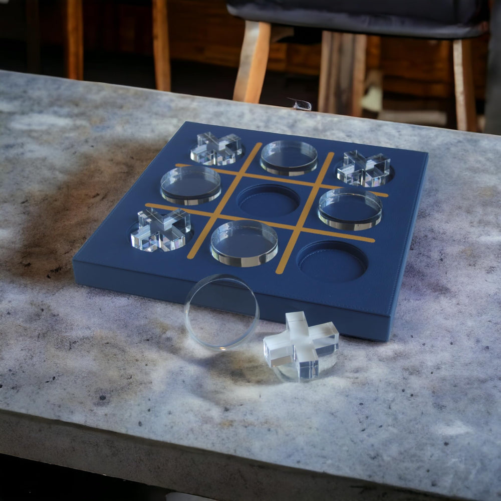 LuxLand Home blue leather-acrylic Tic Tac Toe, gift-ready packaging for housewarmings and occasions.