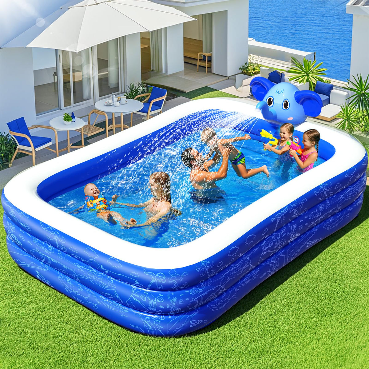 LuxPool elephant sprinkler pool with arching water spray for backyard fun.