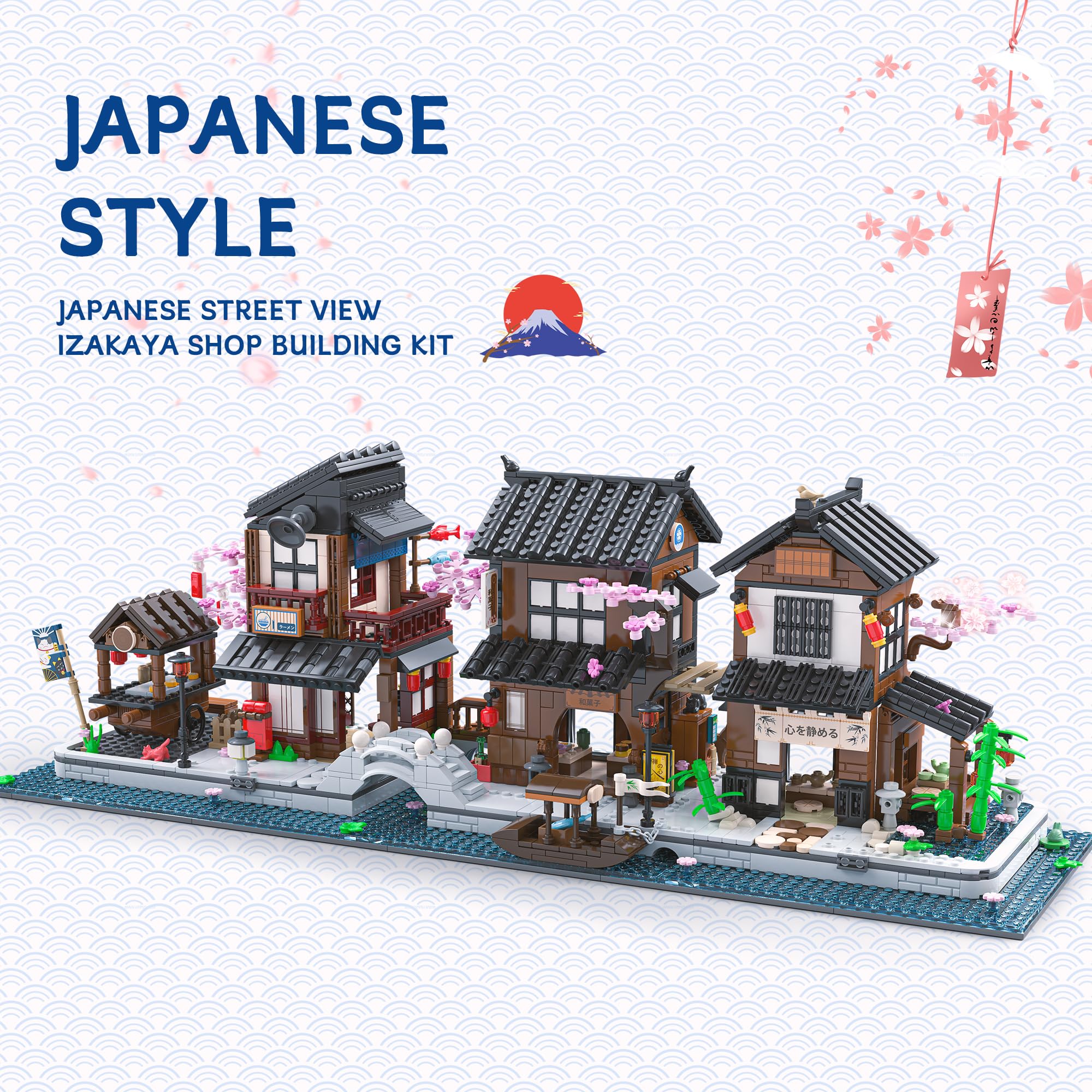 LuxRebuty Cherry Blossom Trees River: serene micro town scene for tabletop display.