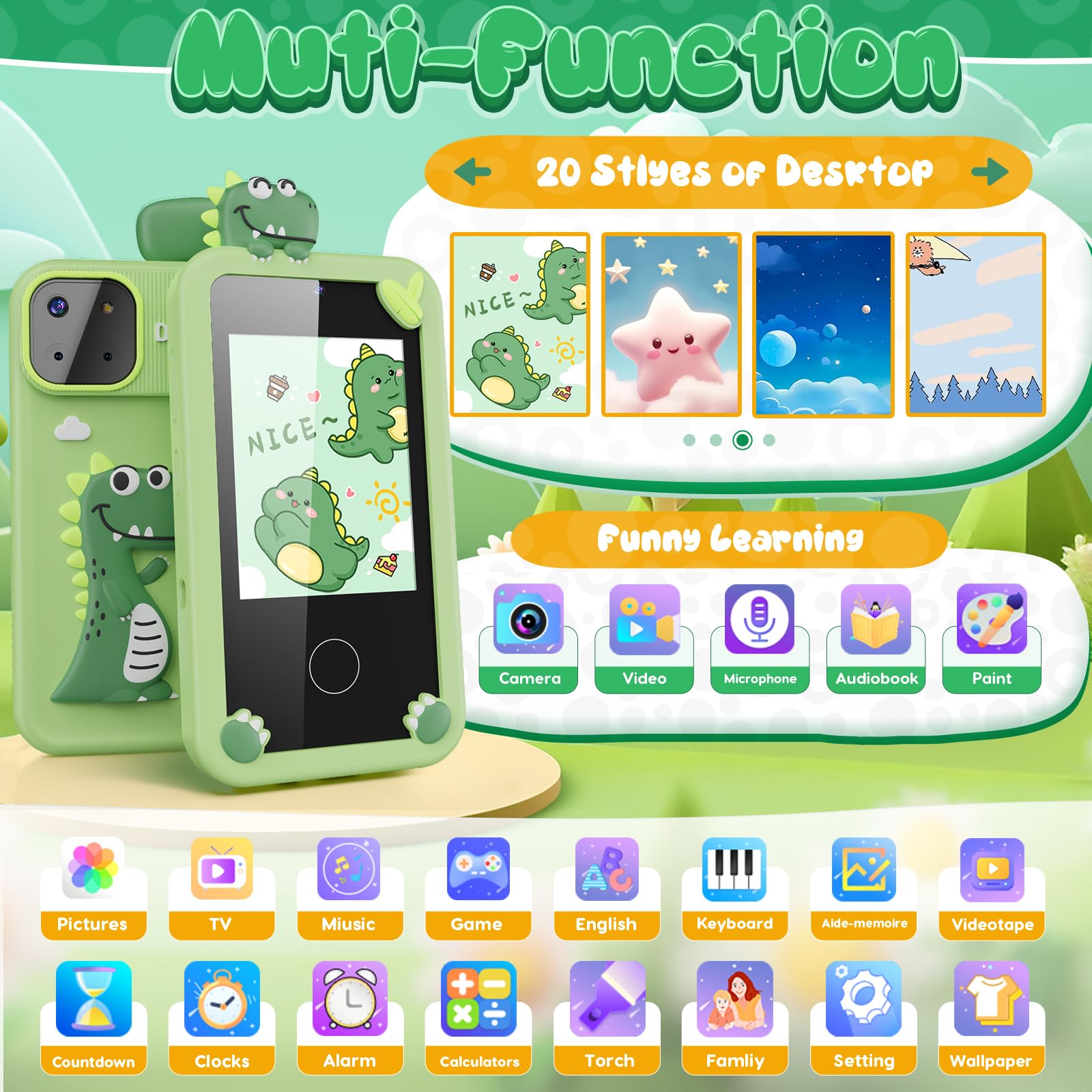Luyiilo Kids Smart Phone screen showing 16 learning games for cognitive fun