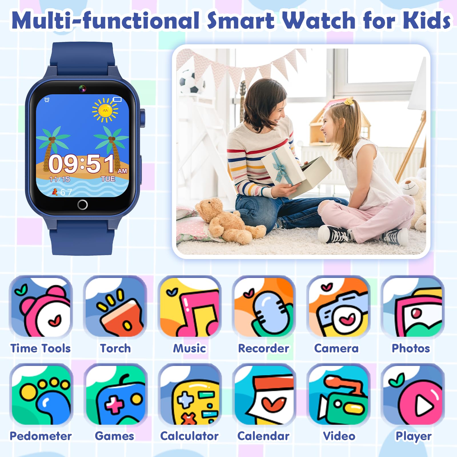 Luyiilo Kids Smart Watch blue side view, easy access for quick game sessions