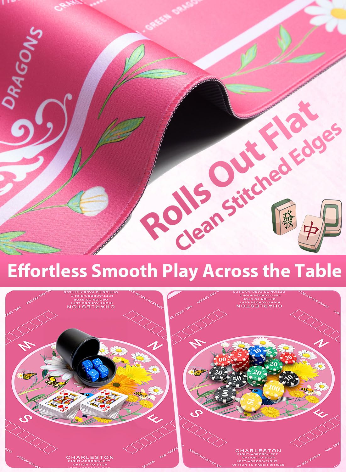 LUYULAKI rose pink mahjong mat rolled and laid flat for easy setup