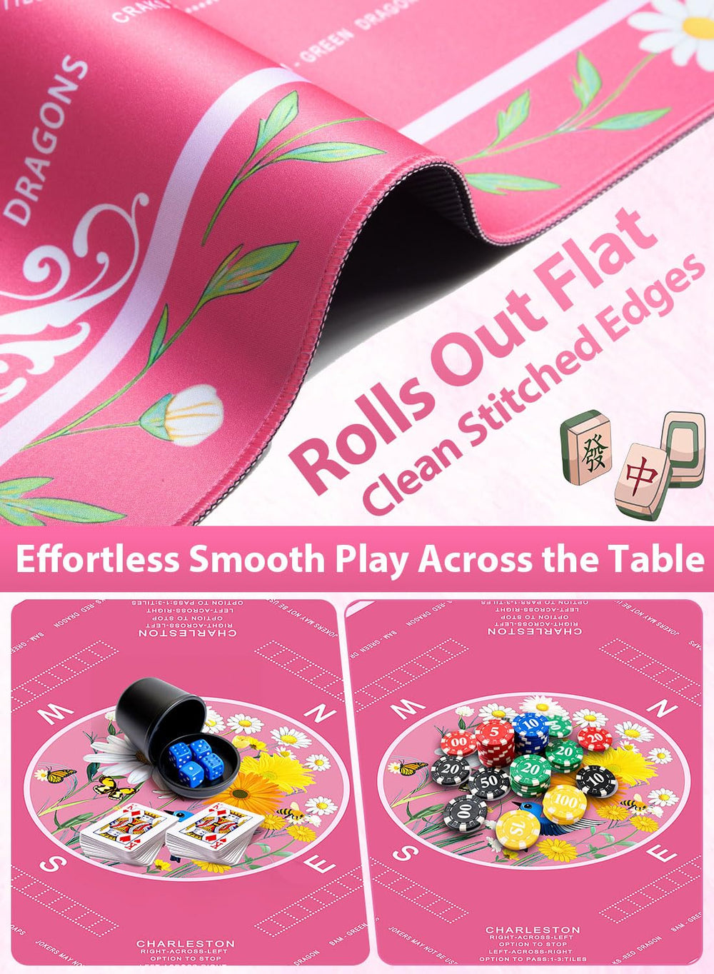 LUYULAKI rose pink mahjong mat rolled and laid flat for easy setup
