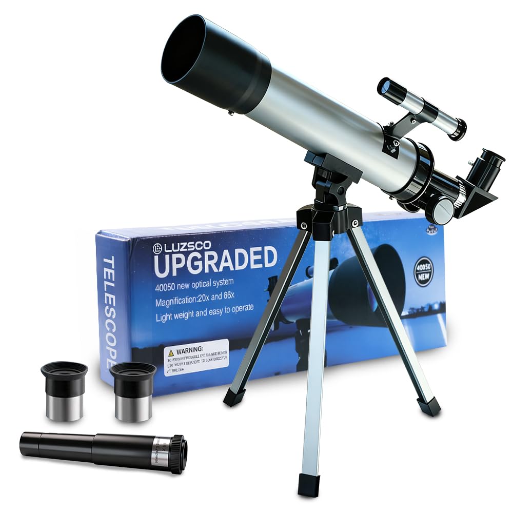 Luzsco Kids Telescope with 50mm lens and silver body for beginner stargazing.