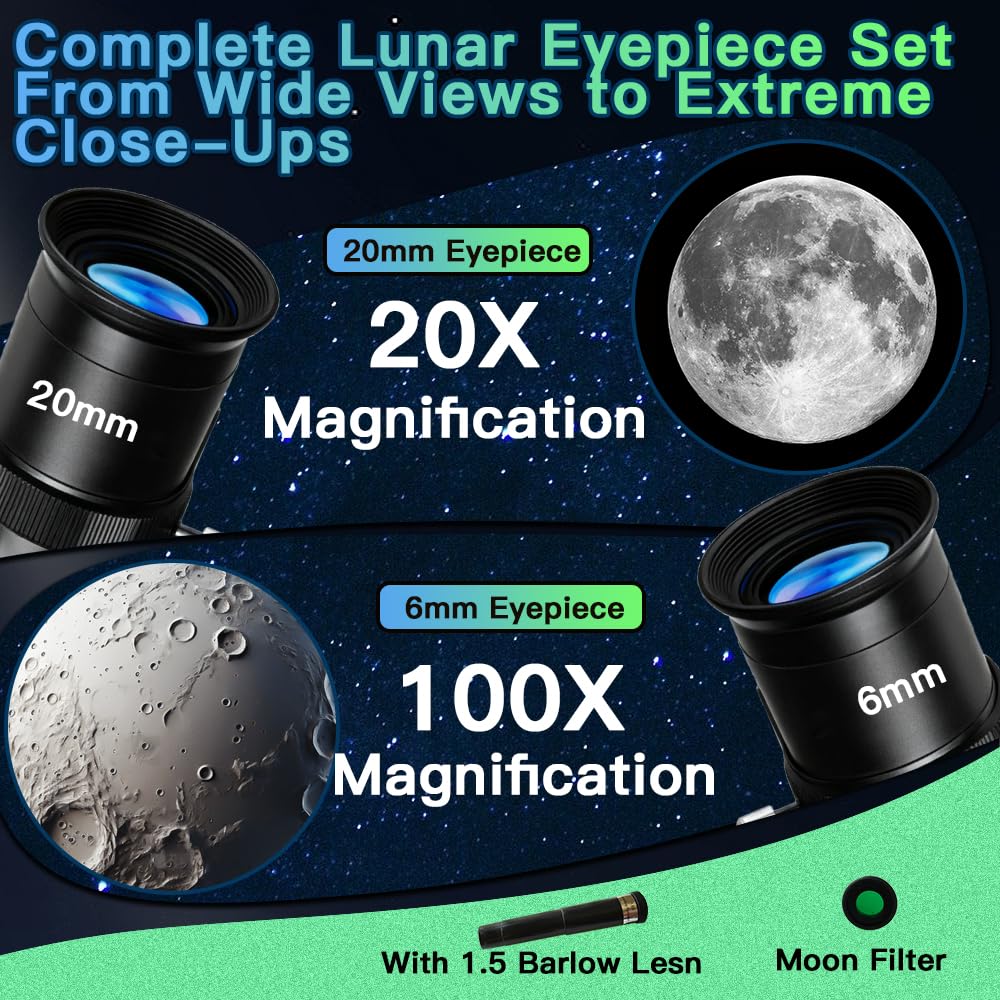 Luzsco Kids Telescope with 6mm and 20mm eyepieces expands viewing options.