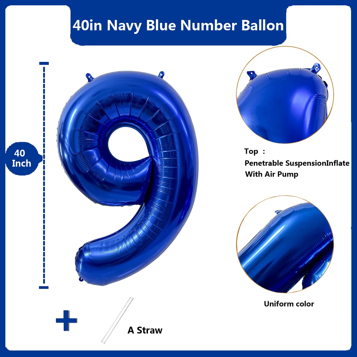 LVMOQIQIU navy blue 9 balloon close-up highlighting premium foil finish.