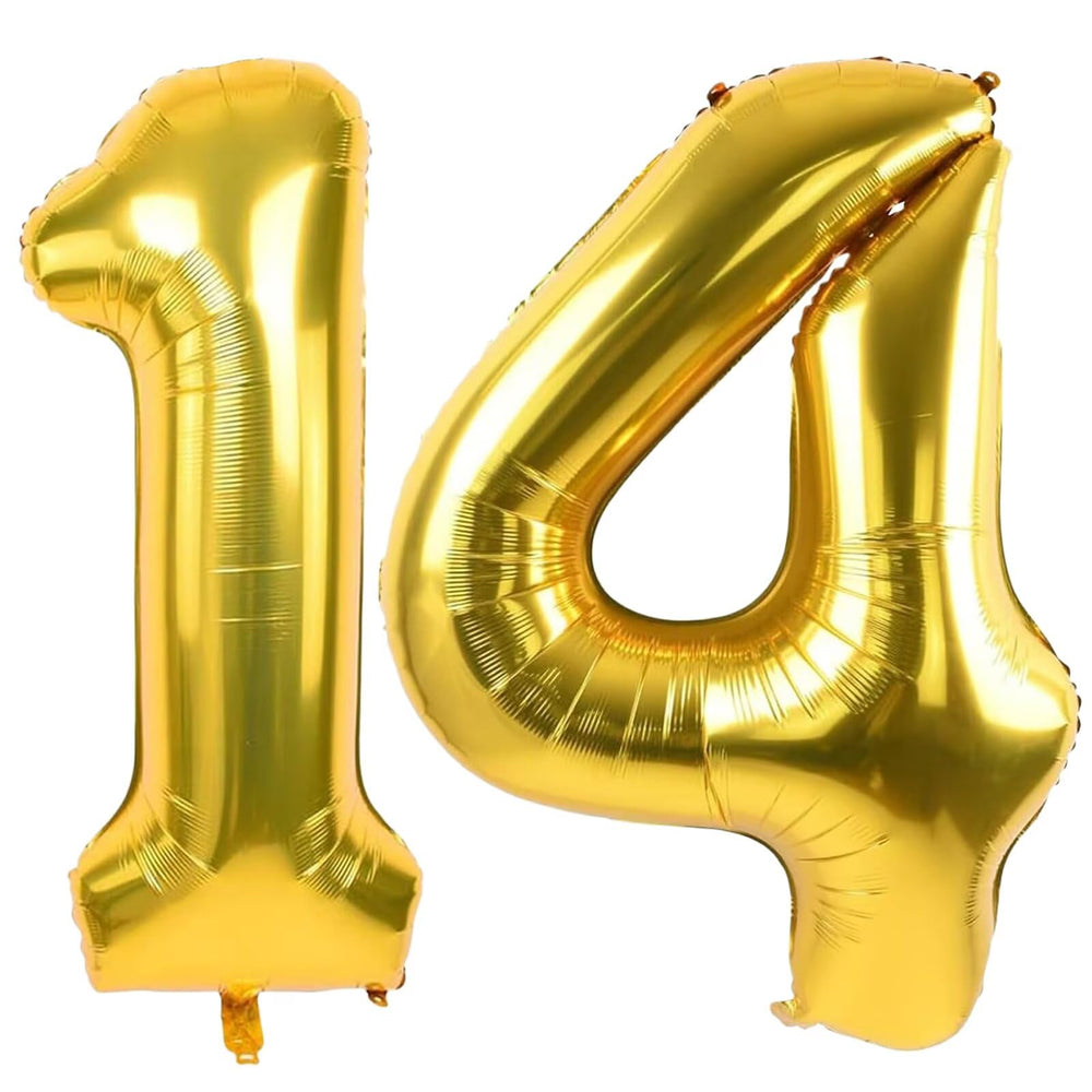 LVMOQIQIU 40-inch gold number balloon 14 close-up gloss highlights premium finish.
