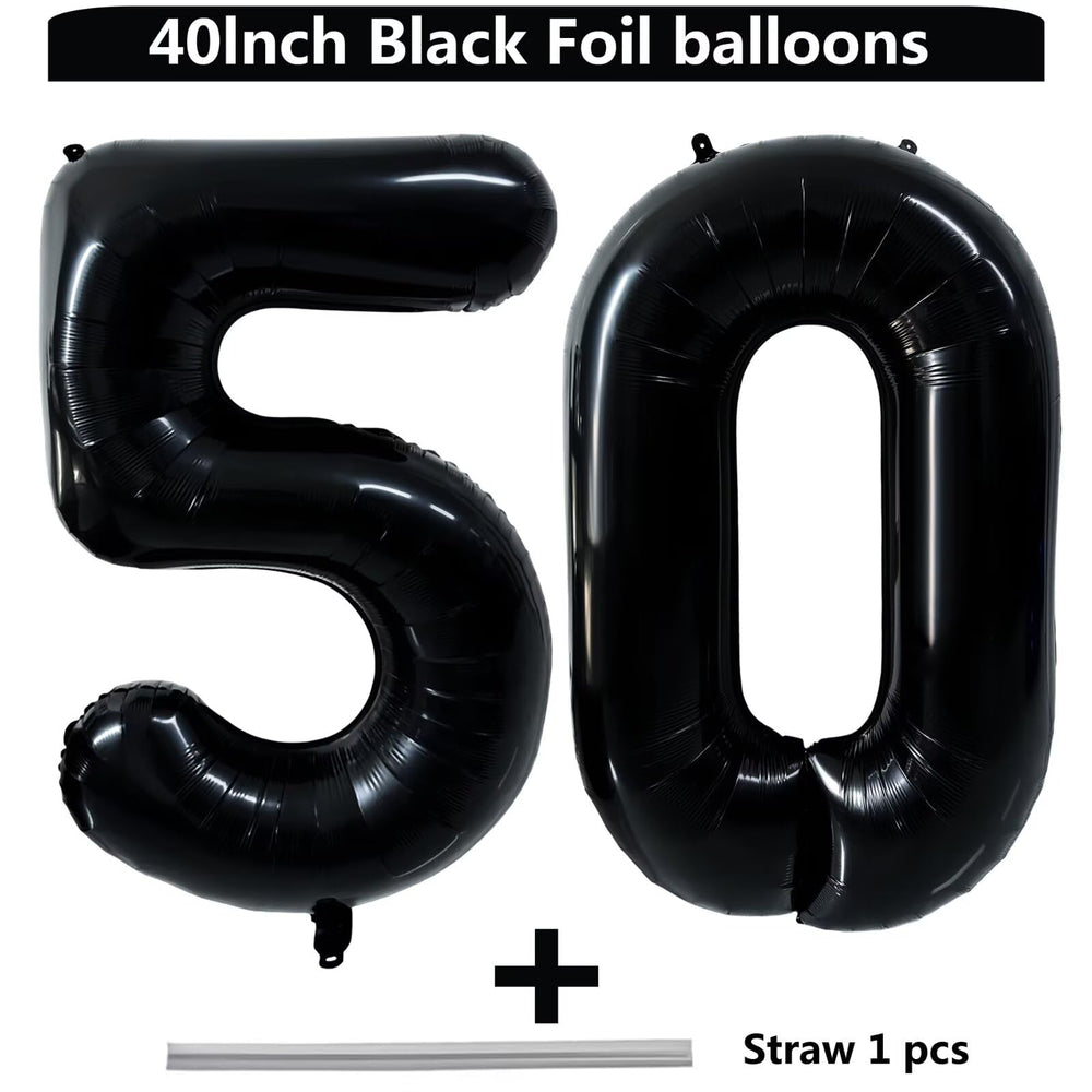 Close-up of LVMOQIQIU 50-number balloon showing premium foil finish