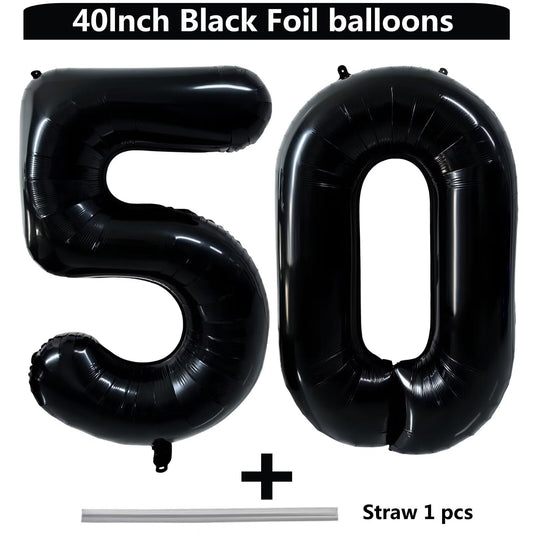 Close-up of LVMOQIQIU 50-number balloon showing premium foil finish