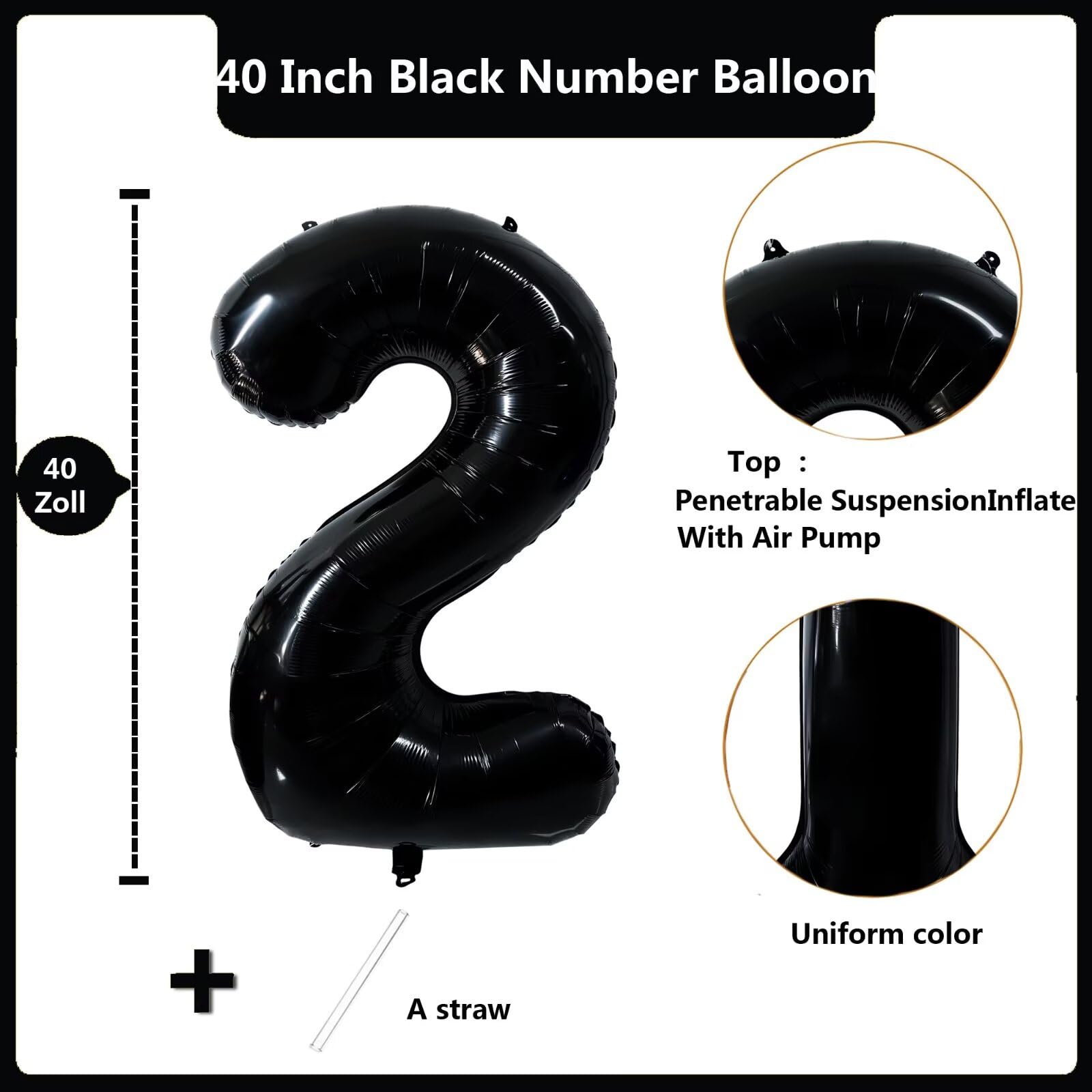 LVMOQIQIU 40-inch black foil numeral balloon 2 for weddings
