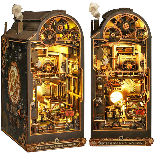 Lycidae Book Nook front view shows steampunk gears for immersive decor