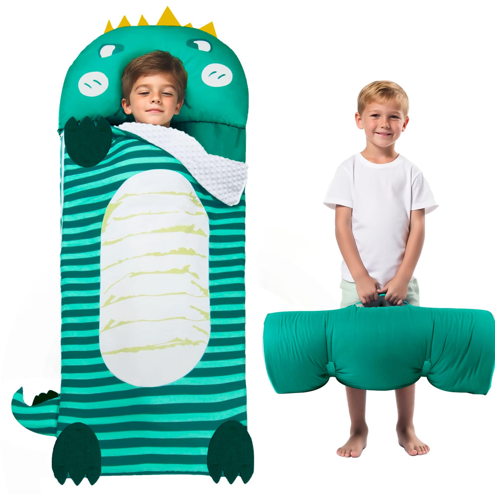 Lydaz kids sleeping bag with dinosaur nap mat extended for roomy preschool lounging.