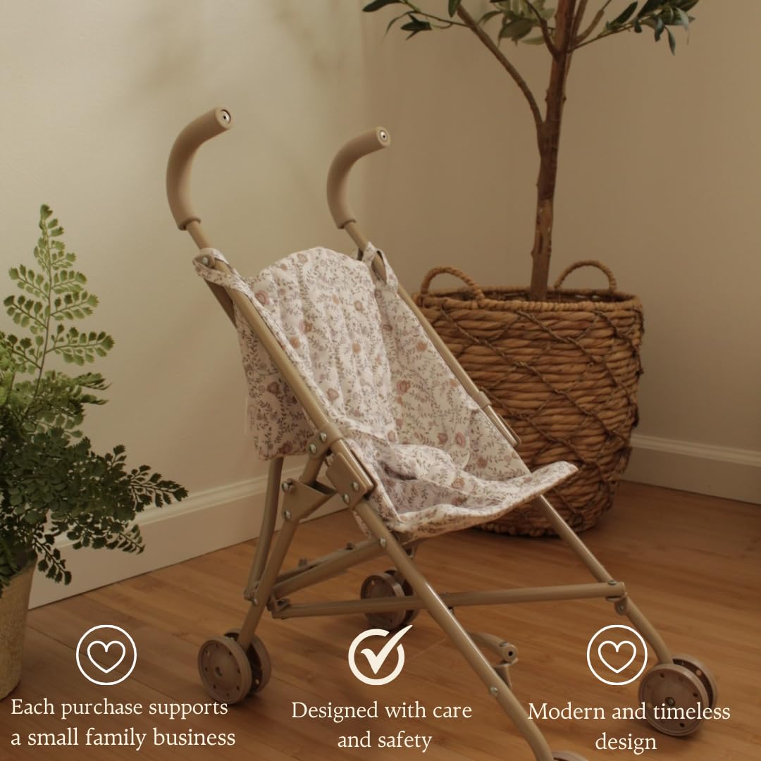 Doll stroller neutral floral fabric adds style to everyday pretend play sessions.