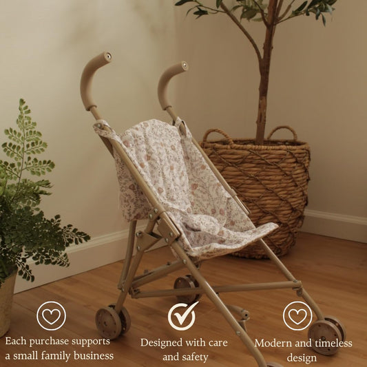 Doll stroller neutral floral fabric adds style to everyday pretend play sessions.