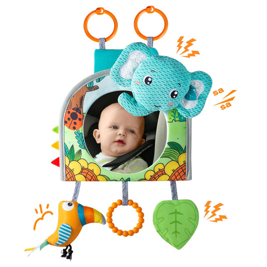 Lynncare car seat toy with blue elephant design to stimulate infant play on trips.